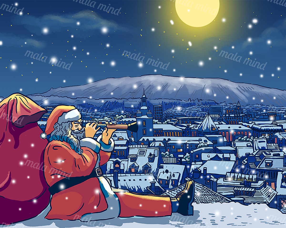 Cartoon Santa uses a telescope above a snowy city beneath a moonlit mountain sky. — 02_master_artwork