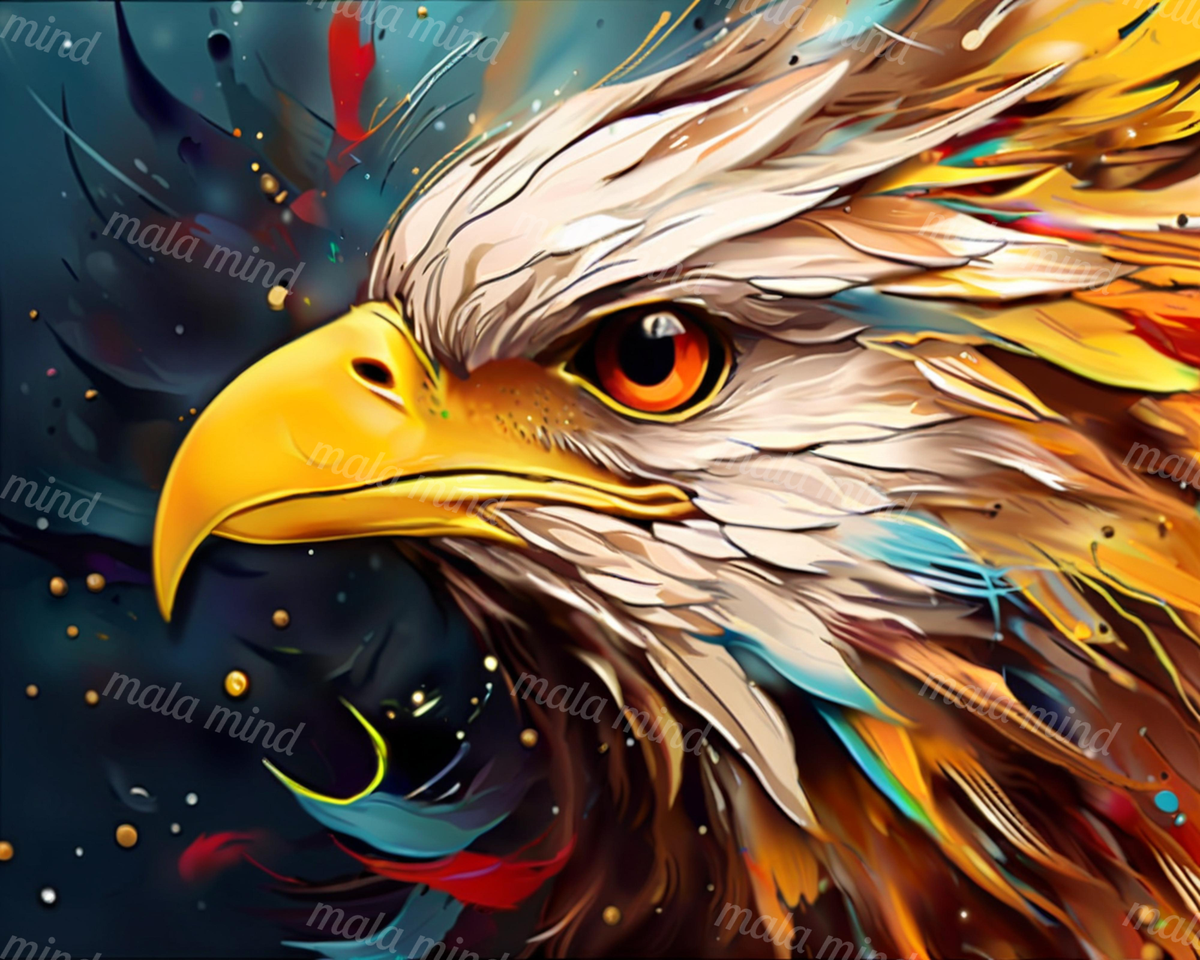 Close-up bald eagle with a golden beak and orange eye against a colorful abstract background — 02_master_artwork