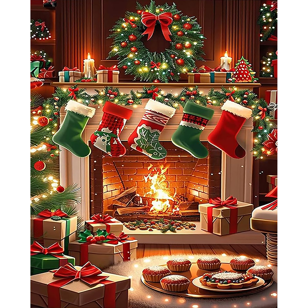 Festive Christmas fireplace with stockings, wreath, gifts, garlands, candles, and dessert trays