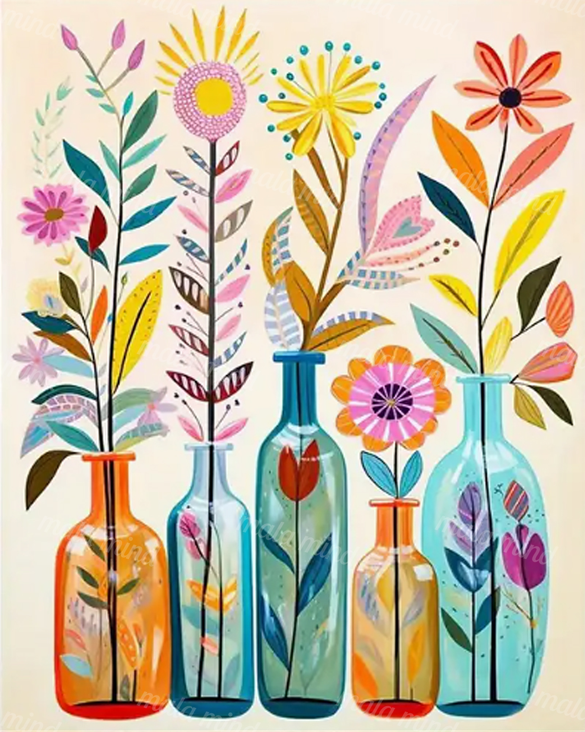 Colorful wildflowers and leafy stems arranged in five decorative glass bottles — 02_master_artwork