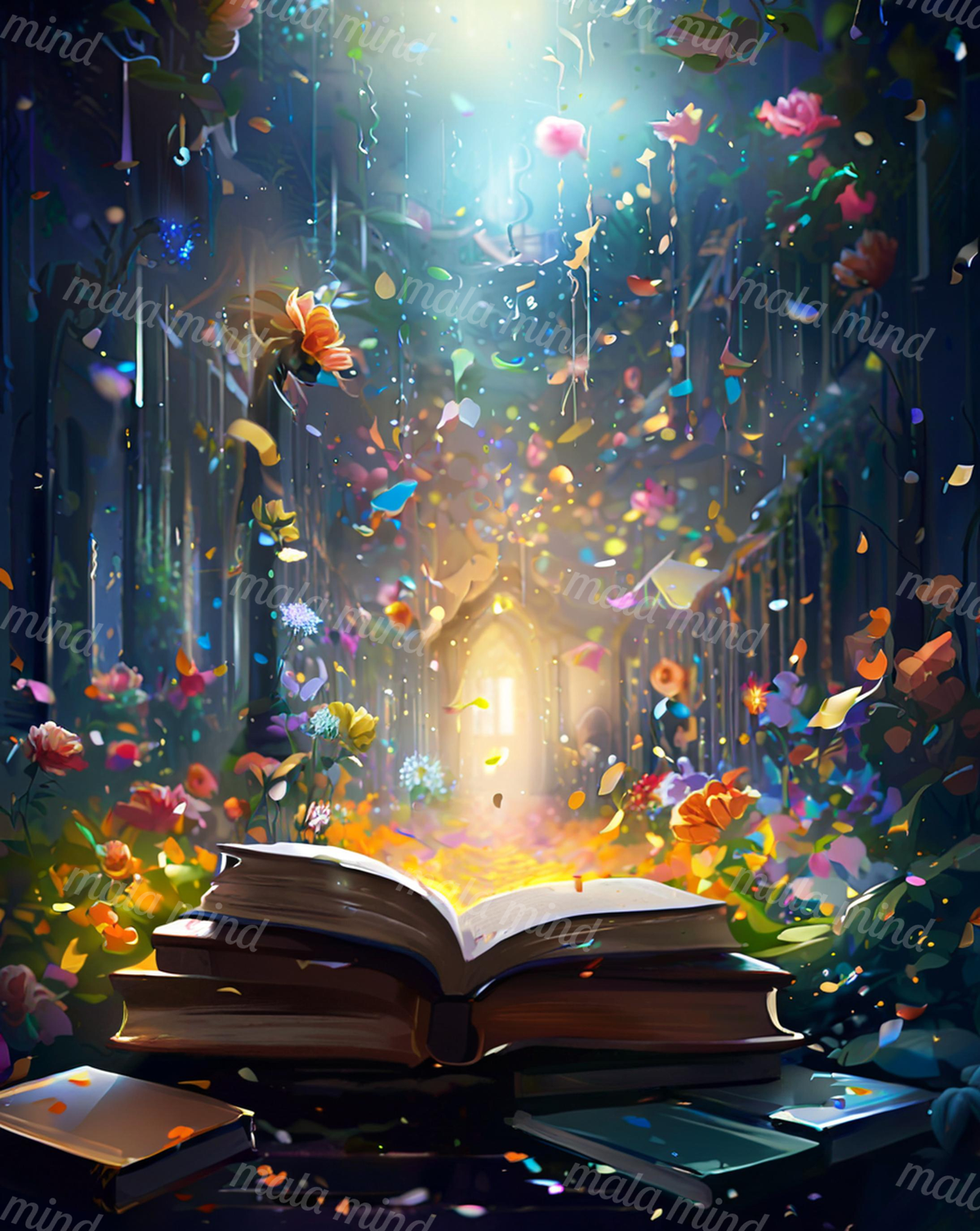 Open book surrounded by flowers reveals a glowing fantasy forest with floating petals and a bright central path. — 02_master_artwork