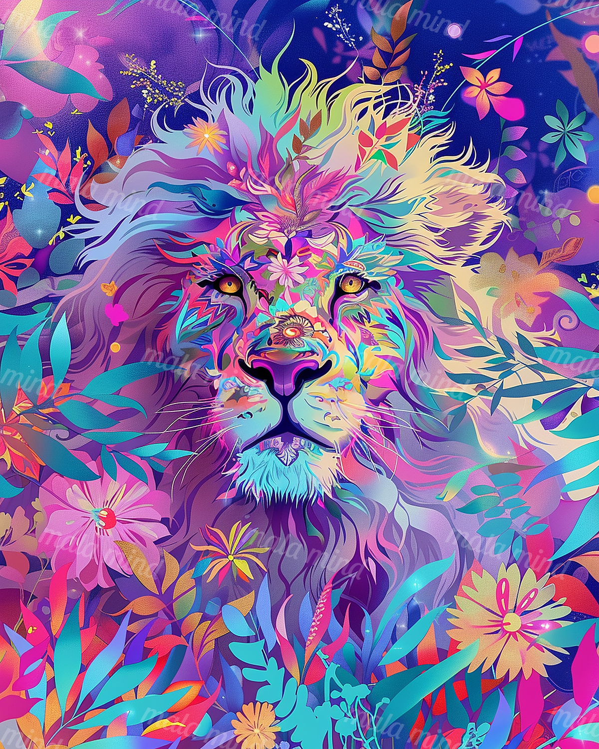 Vivid frontal lion portrait with a multicolored mane surrounded by flowers and teal and purple foliage. — 02_master_artwork