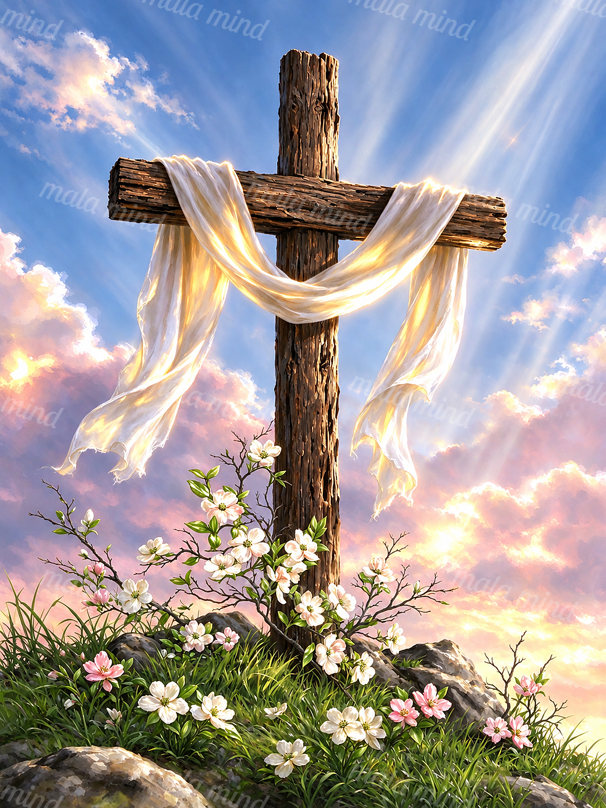Wooden cross draped in white cloth above flowering grass beneath radiant blue and pink clouds — 02_master_artwork