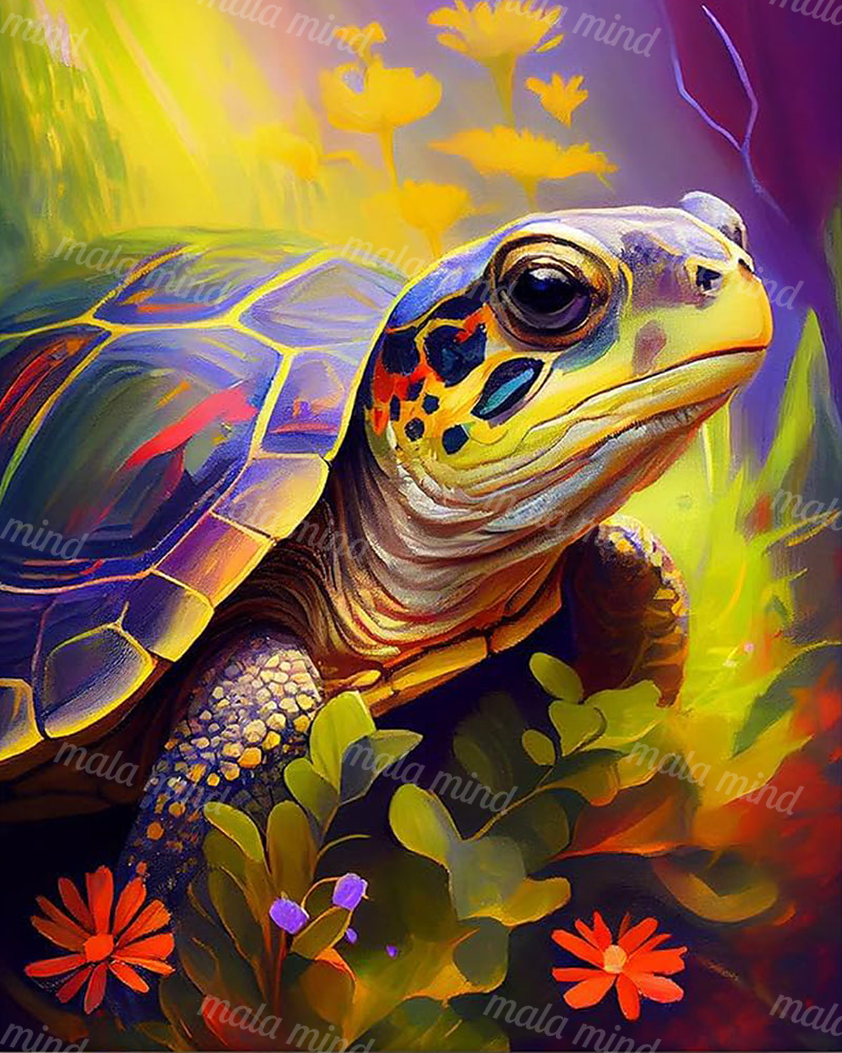 Colorful turtle with a patterned shell surrounded by bright flowers and green foliage — 02_master_artwork