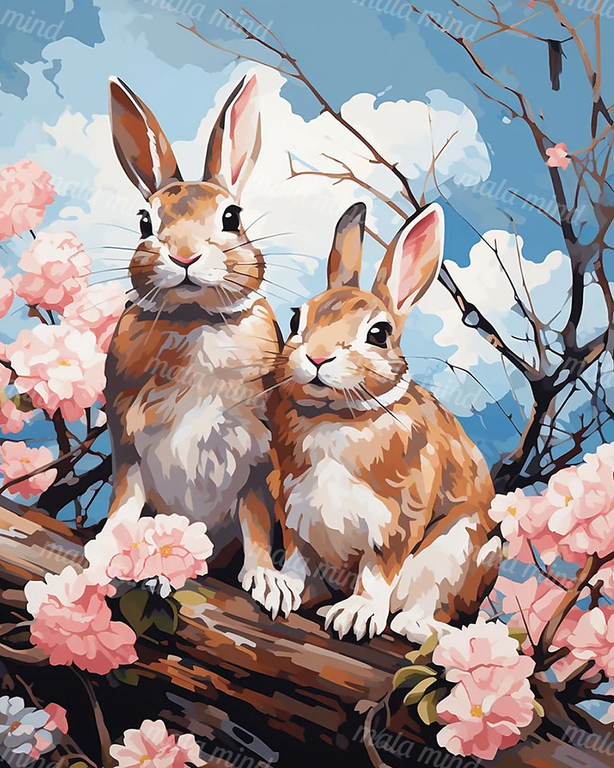 Two brown-and-white rabbits perched on a flowering branch beneath a blue sky with pink blossoms. — 02_master_artwork