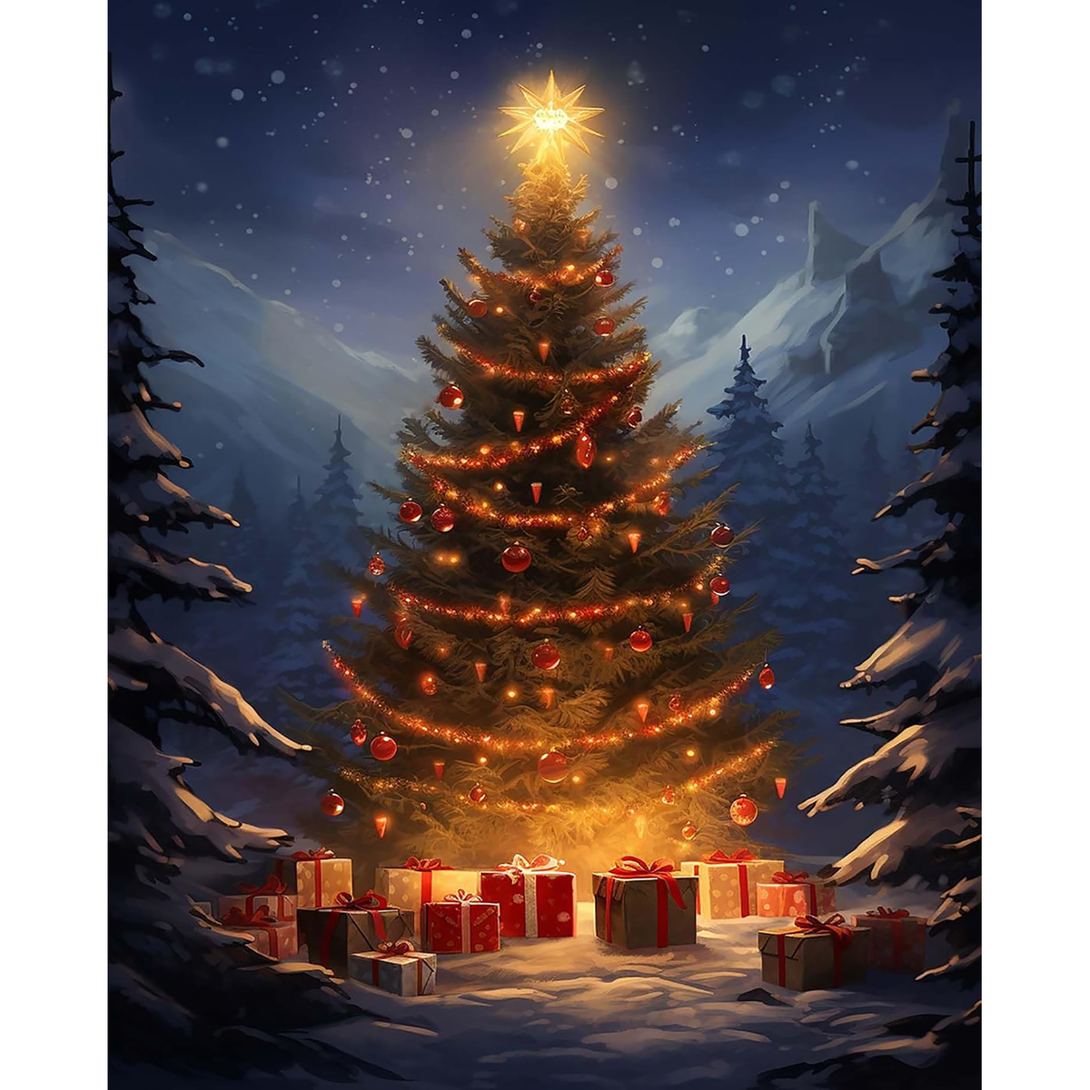 MalaMind Gallery V3 | 02 Master Artwork | CH-260921-058 | Glowing decorated Christmas tree with red ornaments and presents in a snowy mountain forest at night
