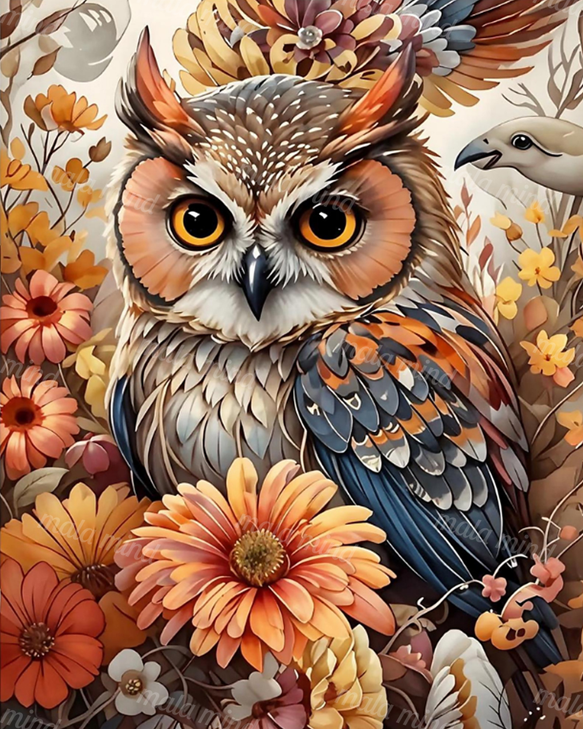 Close-up owl with bright orange eyes surrounded by colorful flowers and a small bird — 02_master_artwork