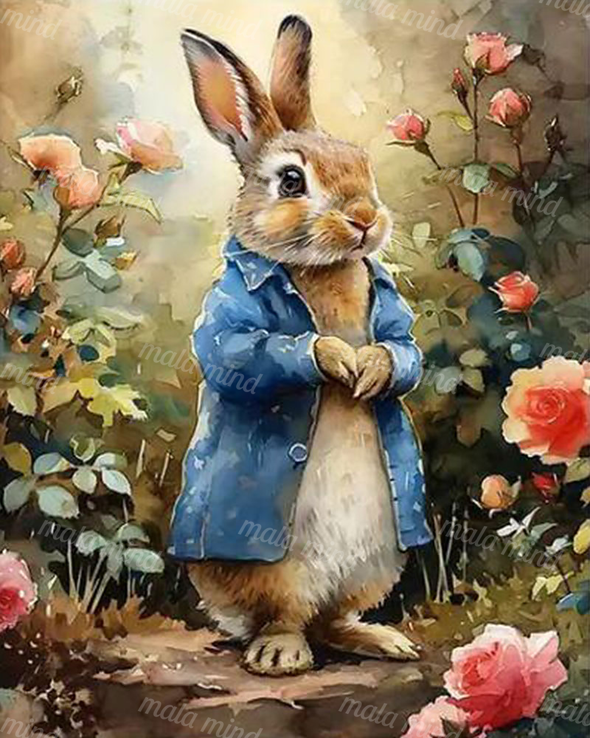 Anthropomorphic rabbit in a blue coat standing among pink and red roses in a garden — 02_master_artwork