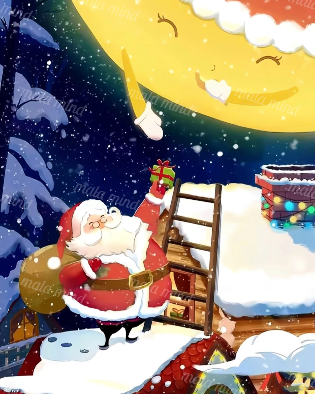 Cartoon Santa on a snowy rooftop with a ladder, gift, chimney, falling snow, and smiling moon — 02_master_artwork