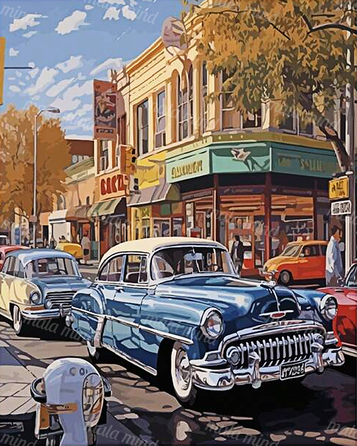 Blue classic car on a busy city street with storefronts, other vintage cars, trees, and a fire hydrant — 02_master_artwork