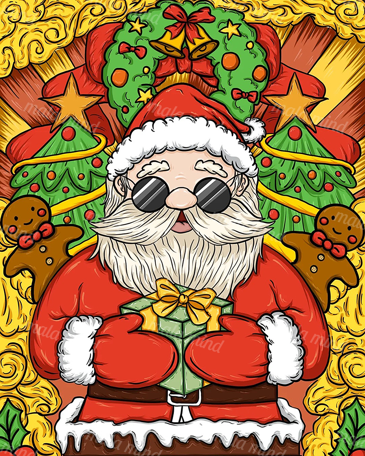 Cartoon Santa in sunglasses holding a green gift, surrounded by Christmas trees, wreaths, stars, and gingerbread figures. — 02_master_artwork