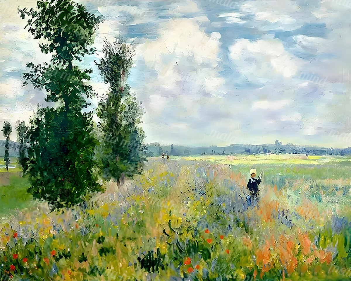 Impressionist flower meadow with a large leafy tree, cloudy sky, and distant pale-hatted figure — 02_master_artwork