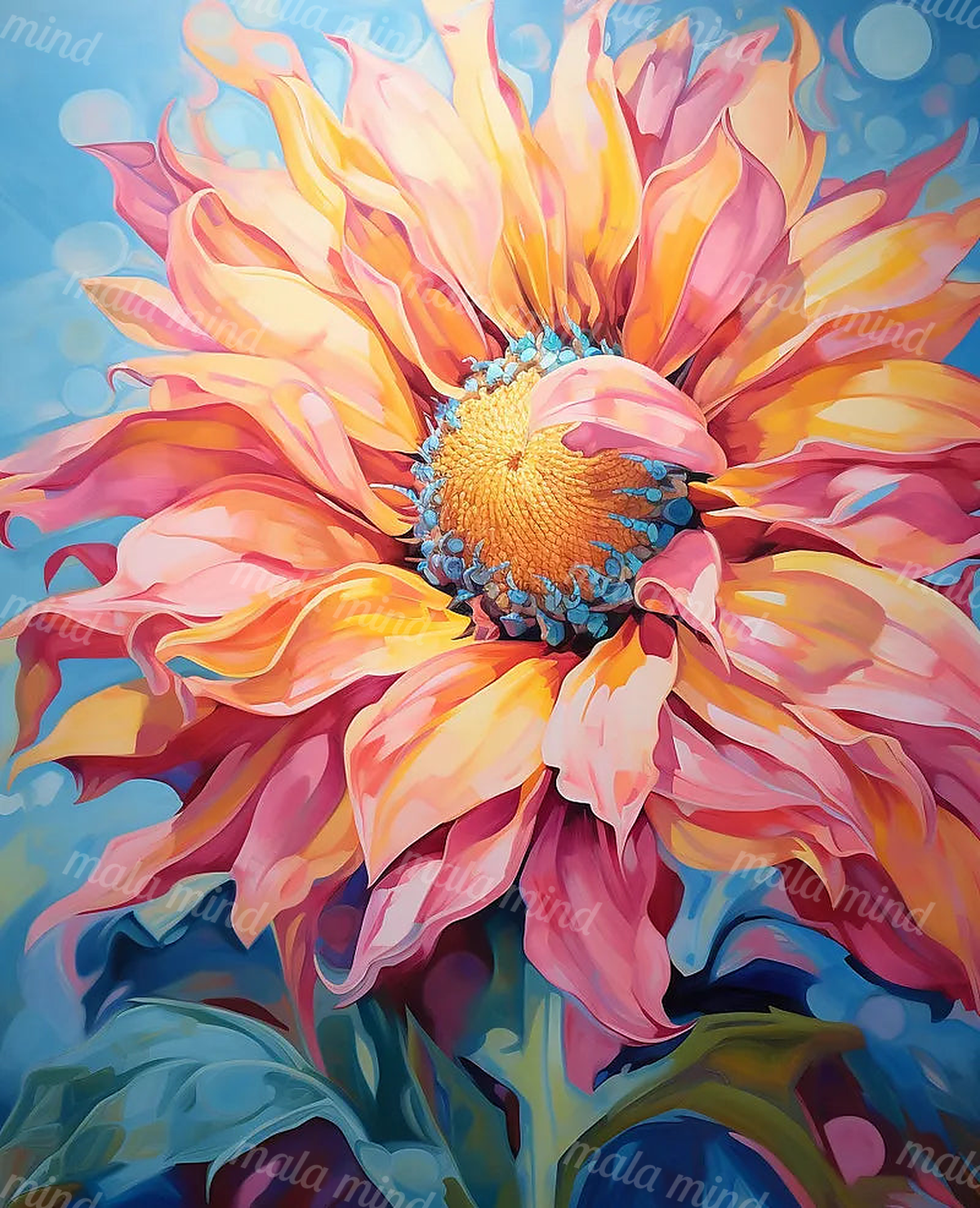 Close-up vibrant flower with pink, orange, and yellow petals against a blue background — 02_master_artwork