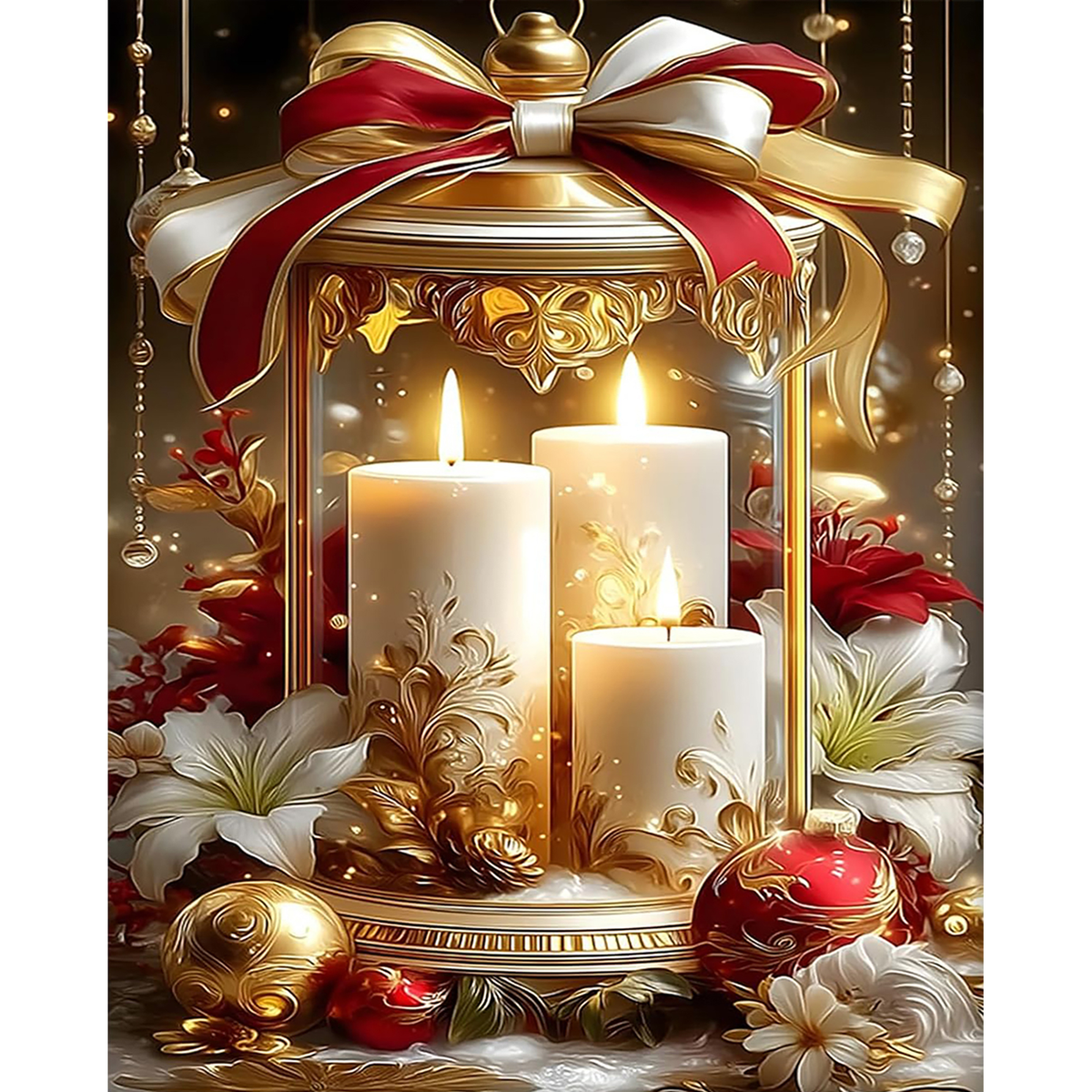 MalaMind Gallery V3 | 02 Master Artwork | CH-260921-047 | Ornate golden Christmas lantern with three glowing white candles, flowers, ornaments, and a large festive bow.