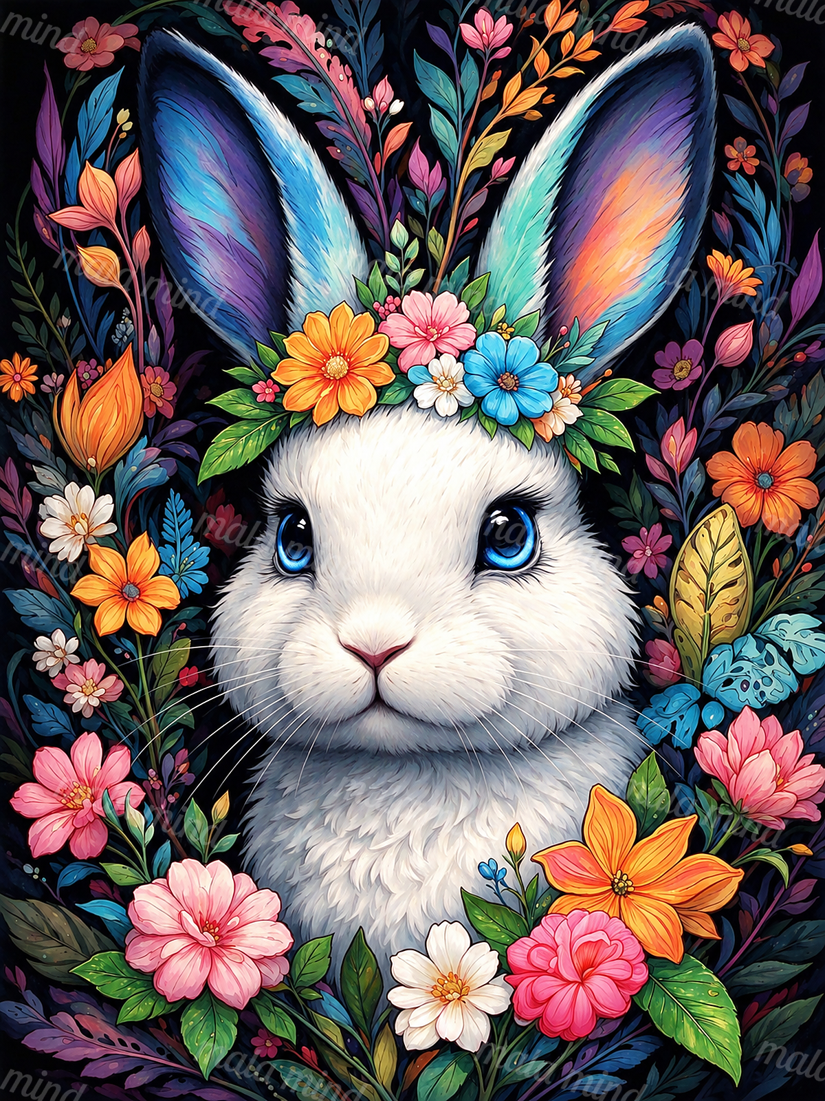White rabbit with bright blue eyes surrounded by colorful flowers, leaves, and a yellow butterfly. — 02_master_artwork