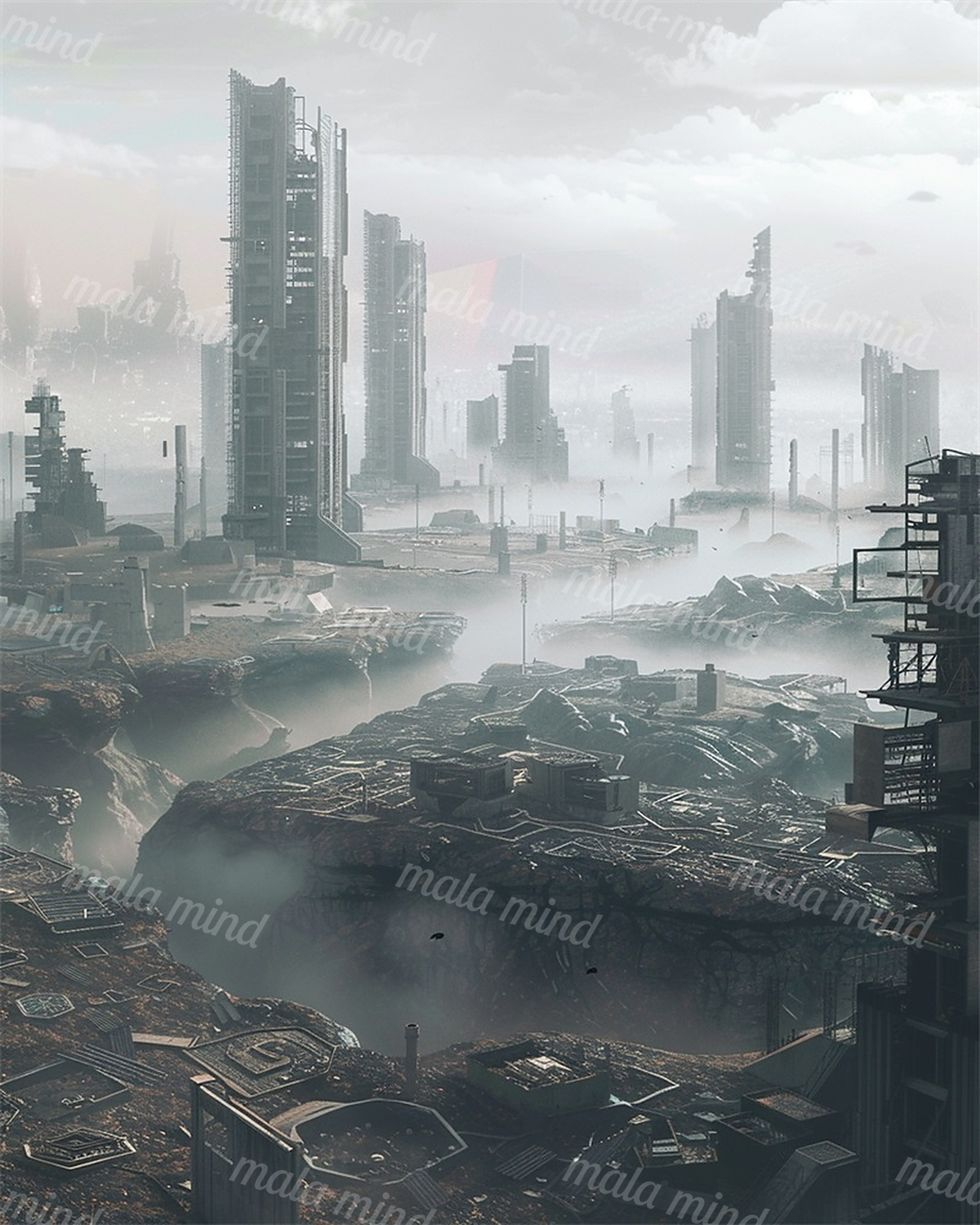 Fog-shrouded futuristic city with skeletal towers, industrial ruins, and fractured platforms spanning a deep ravine. — 02_master_artwork