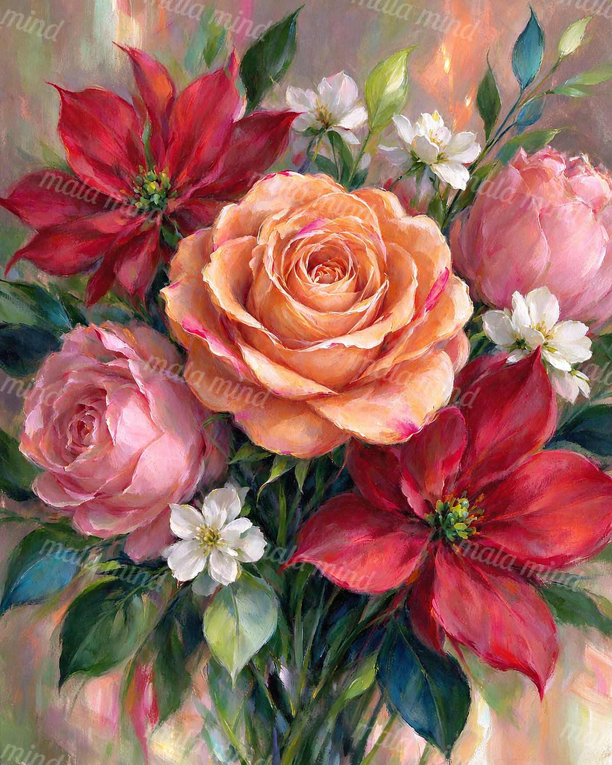Painterly bouquet with a central peach rose, pink roses, red flowers, white blossoms, and green foliage — 02_master_artwork