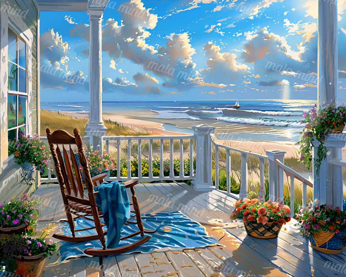 Sunlit porch with rocking chair and flowers overlooking a sandy beach, ocean waves, and a sailboat — 02_master_artwork