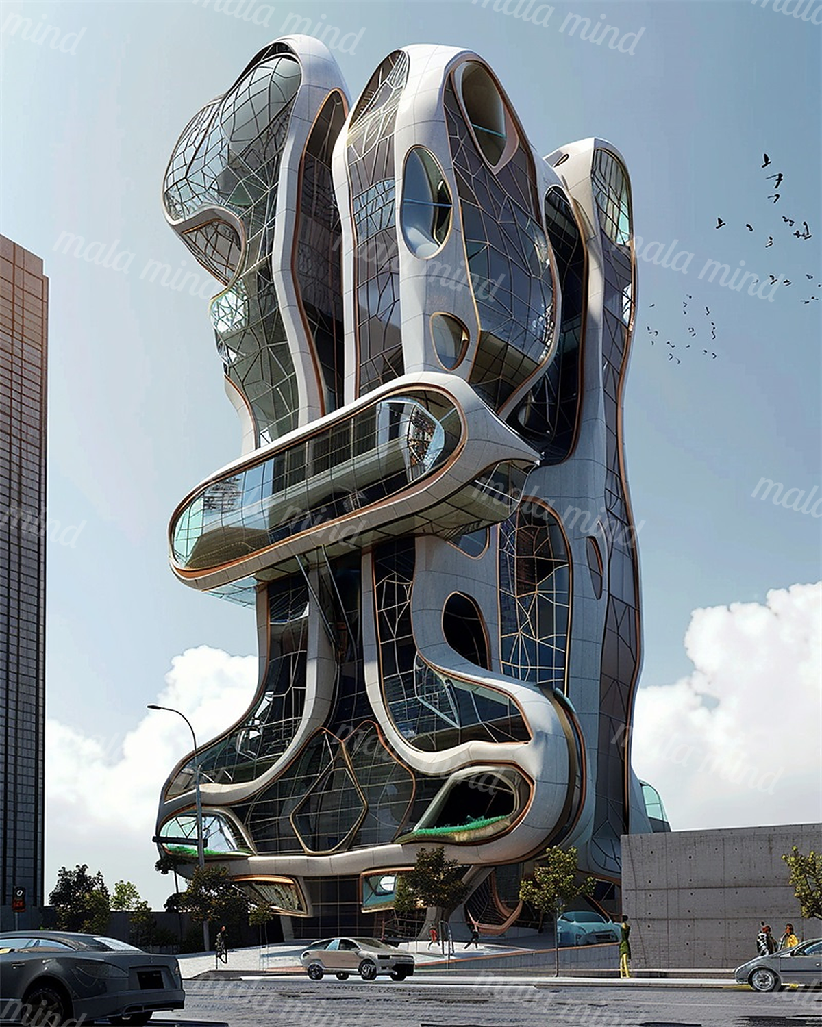 Futuristic organic skyscraper with curved glass forms above cars and pedestrians on a city street — 02_master_artwork