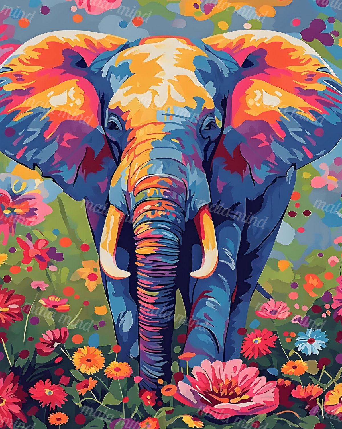 Colorful front-facing elephant portrait surrounded by bright flowers and green foliage — 02_master_artwork