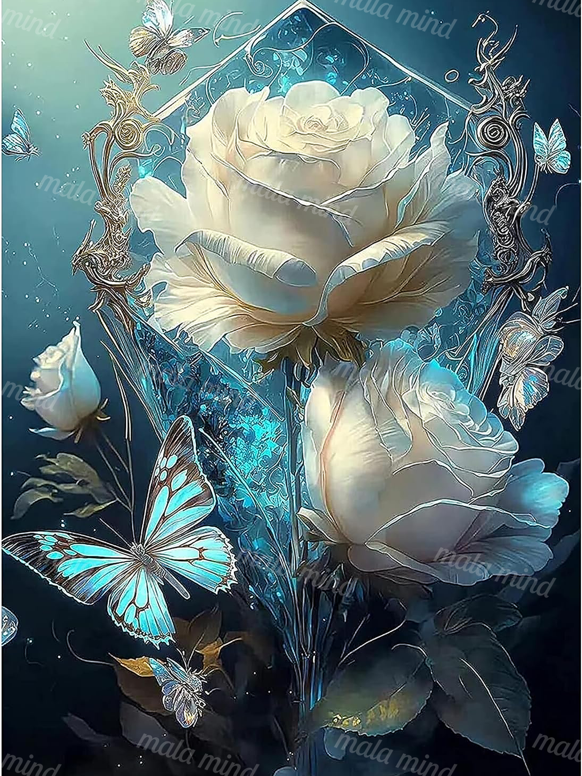 Cream roses and turquoise butterflies surrounded by ornate scrollwork on a deep teal background — 02_master_artwork