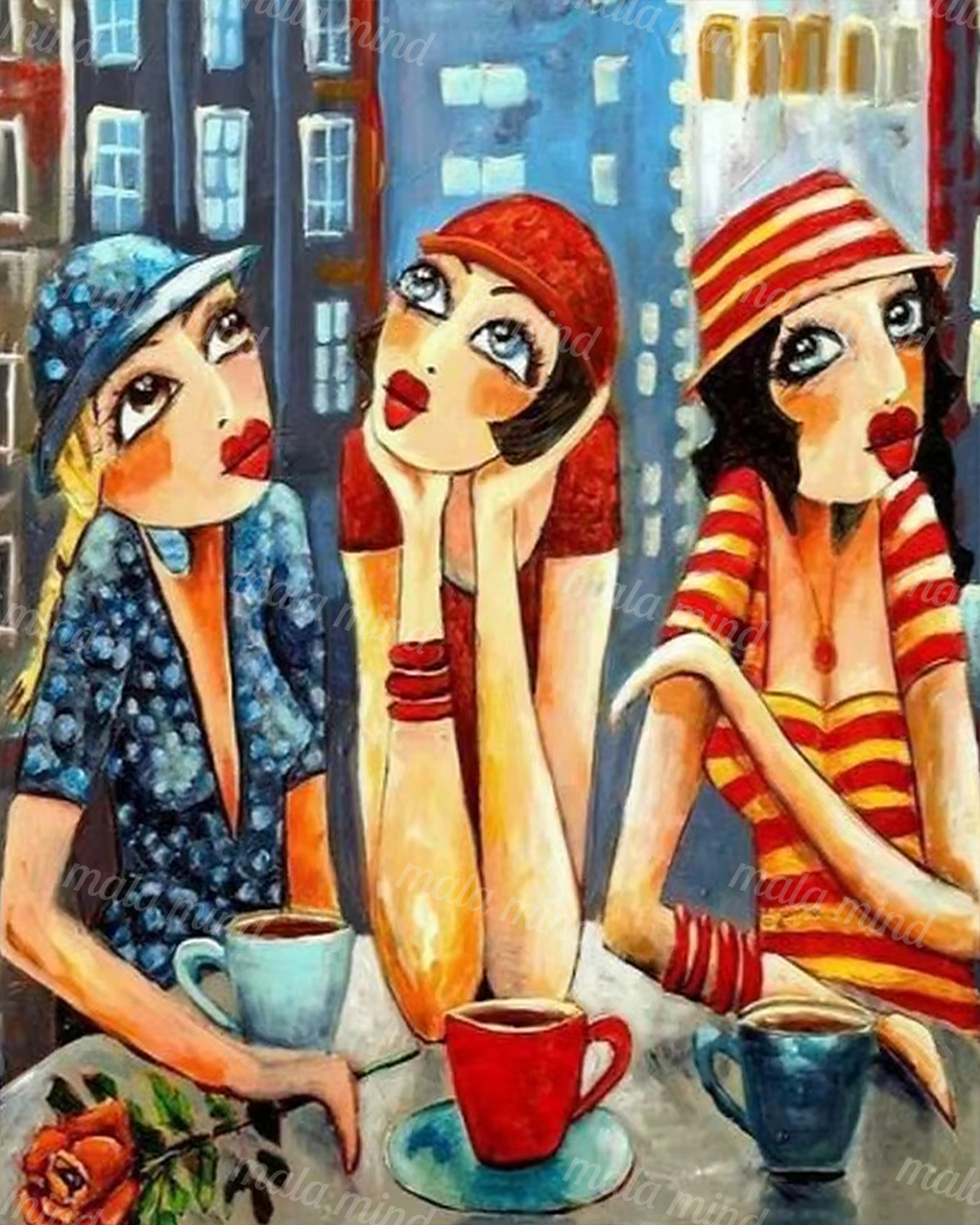 Three stylized women in colorful hats sit at a city café table with cups and saucers. — 02_master_artwork