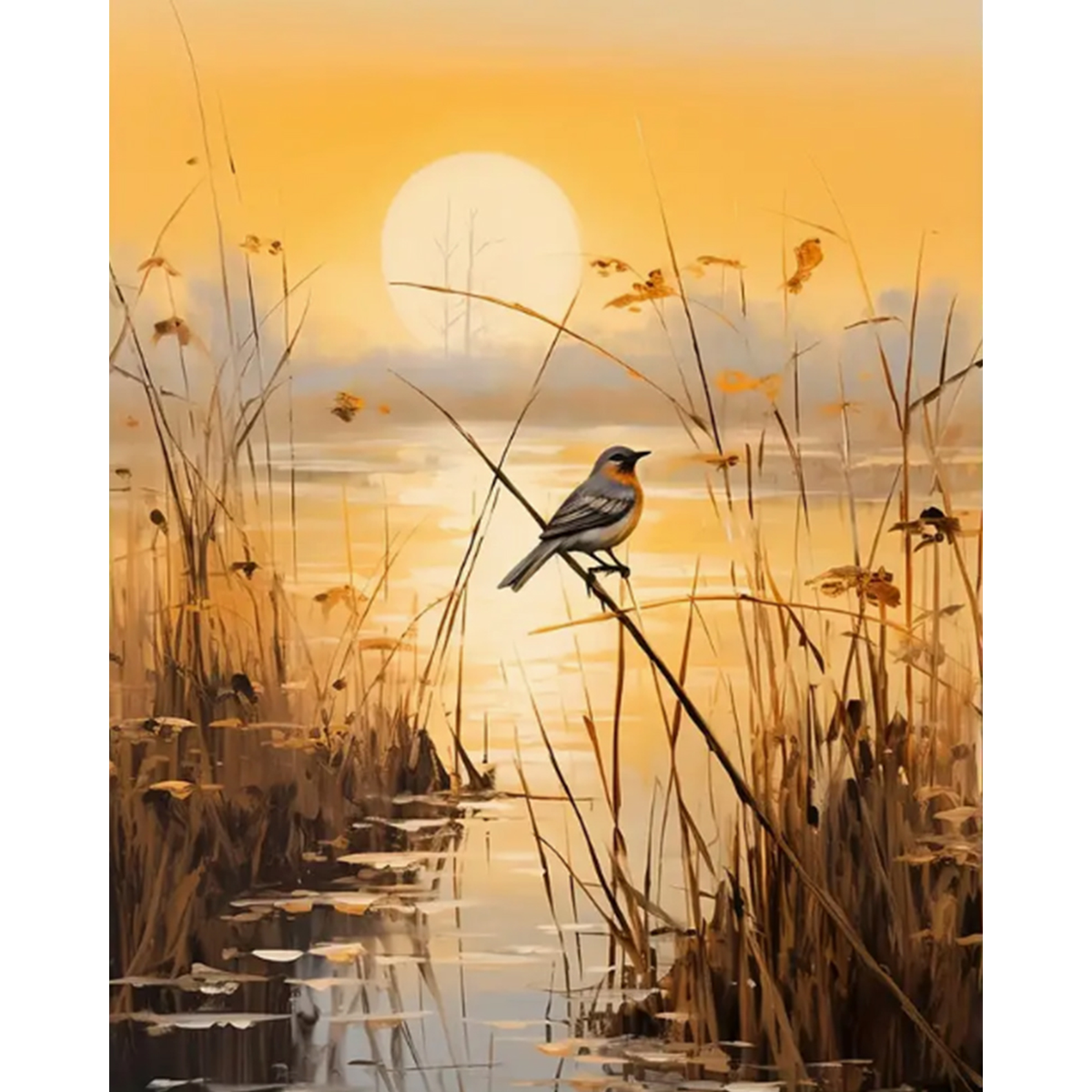 Songbird perched on a reed above reflective marsh water with tall grasses and a glowing sunset — 02_master_artwork