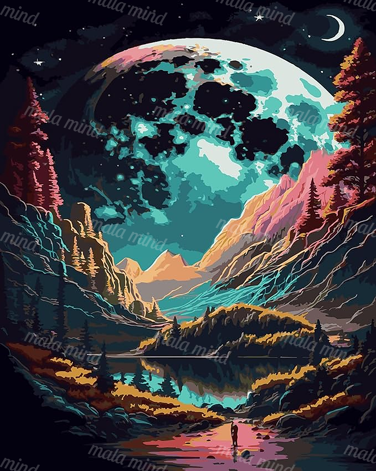 Stylized moonlit mountain valley with a cratered moon, pine trees, reflective lake, and small standing figure — 02_master_artwork