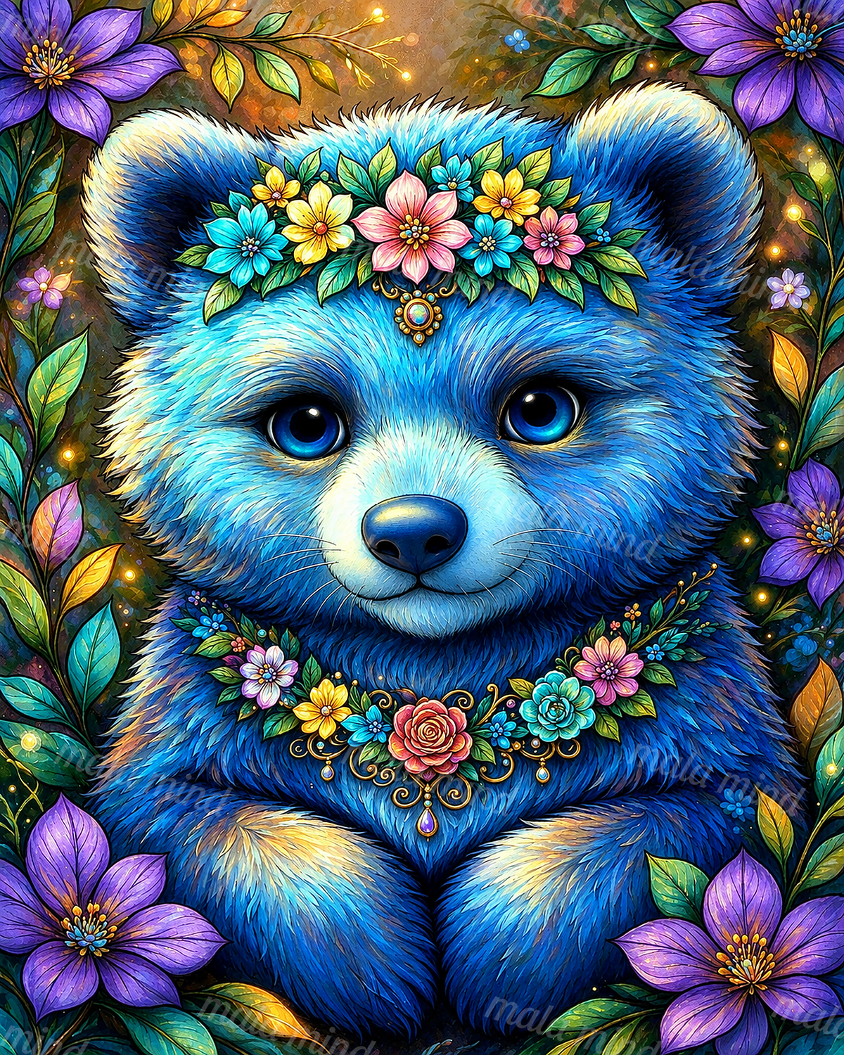 Blue bear-like animal with bright eyes, colorful flowers, leaves, and ornate gold pendants — 02_master_artwork