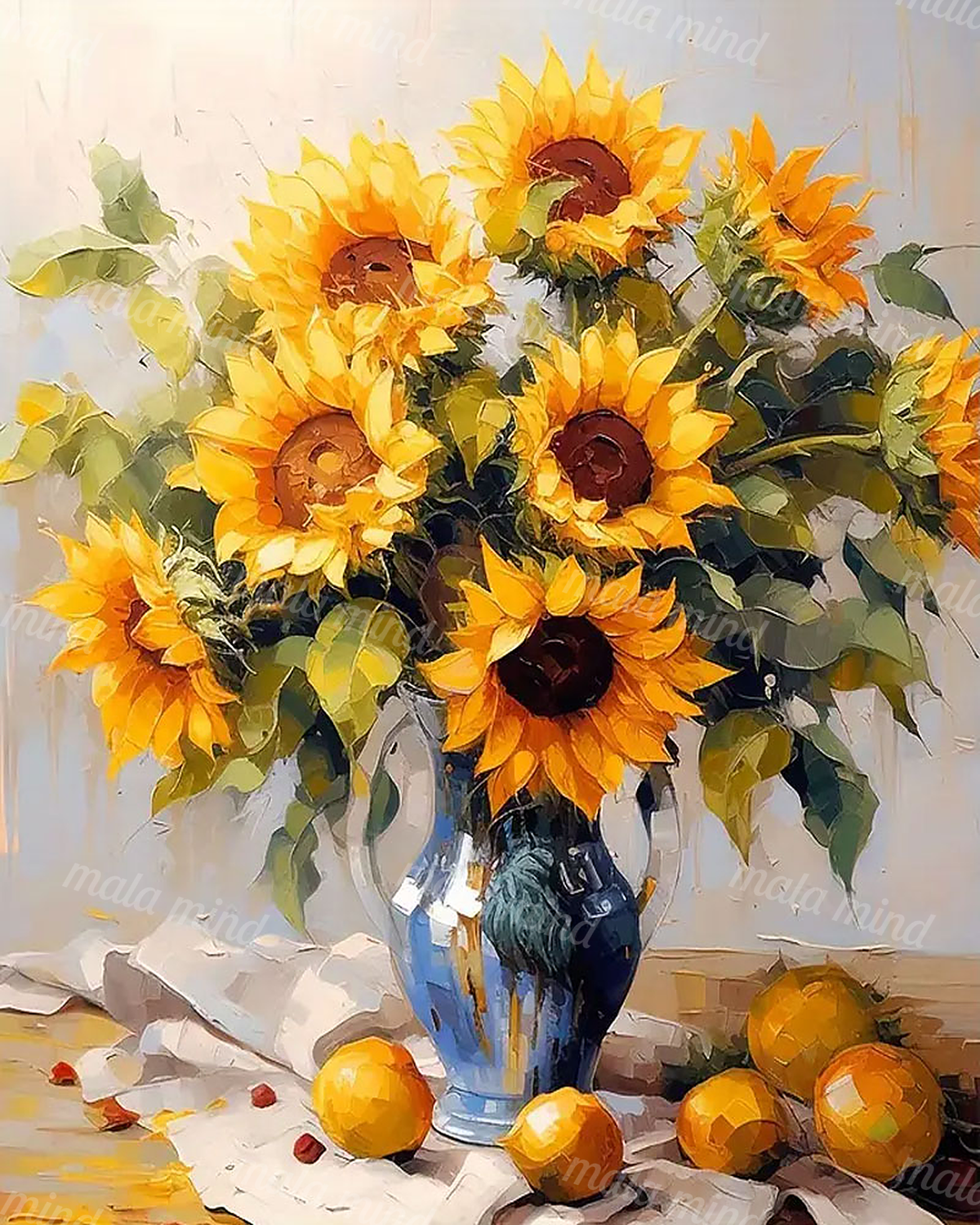 Painterly bouquet of yellow sunflowers in a blue vase surrounded by oranges on a tabletop — 02_master_artwork
