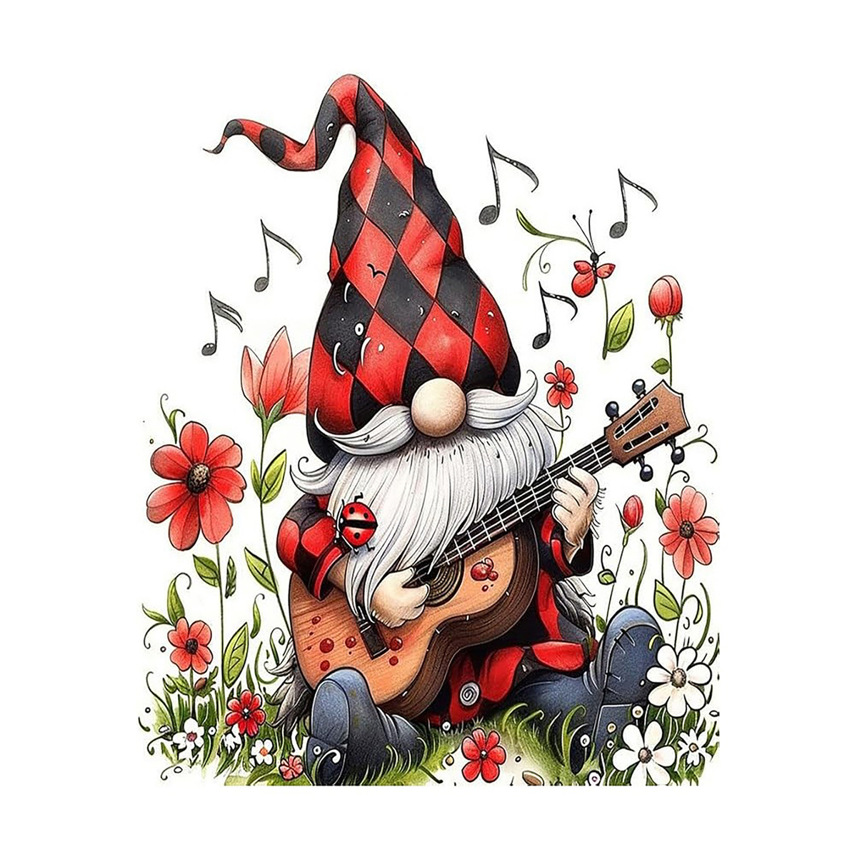 Bearded garden gnome playing guitar among colorful flowers, musical notes, a butterfly, and ladybug