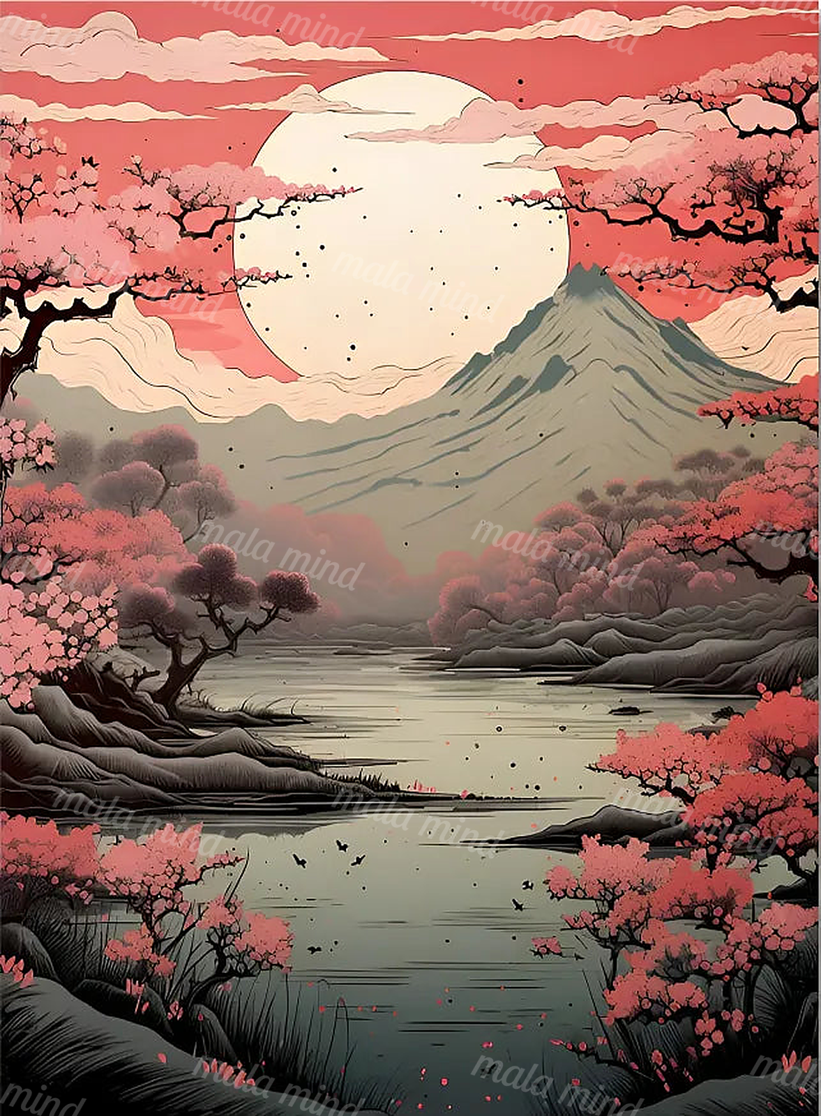 Moonlit mountain lake with a large full moon, coral cherry blossoms, clouds, and dark shoreline trees — 02_master_artwork