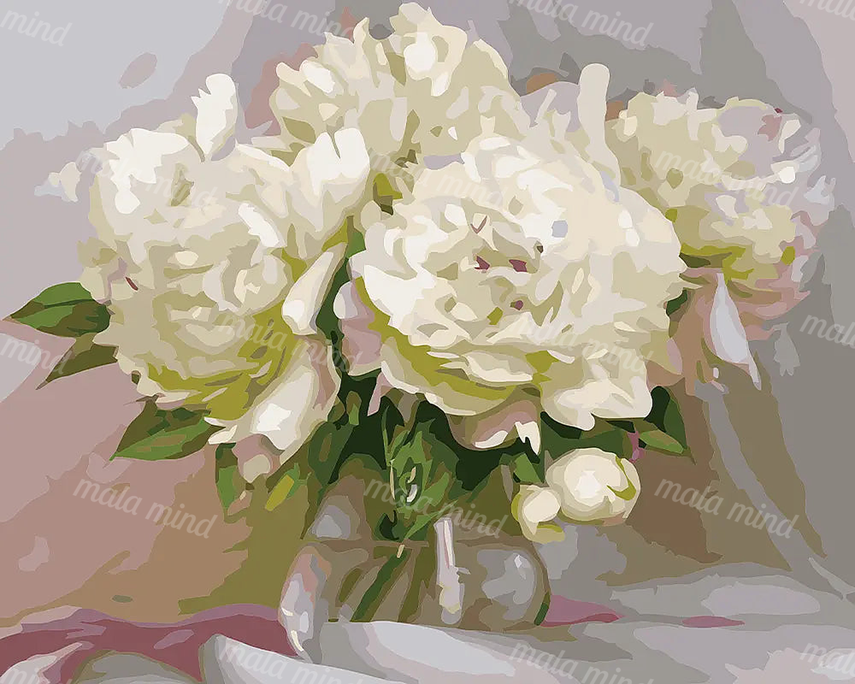 Cream flower bouquet with green foliage in a pale vase against a muted abstract background. — 02_master_artwork