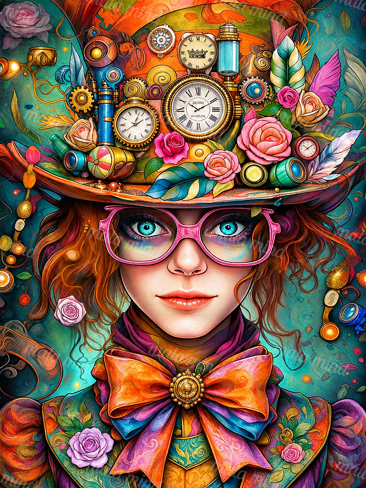 Steampunk woman with pink glasses and a clockwork hat surrounded by roses, gears, feathers, and a large bow. — 02_master_artwork