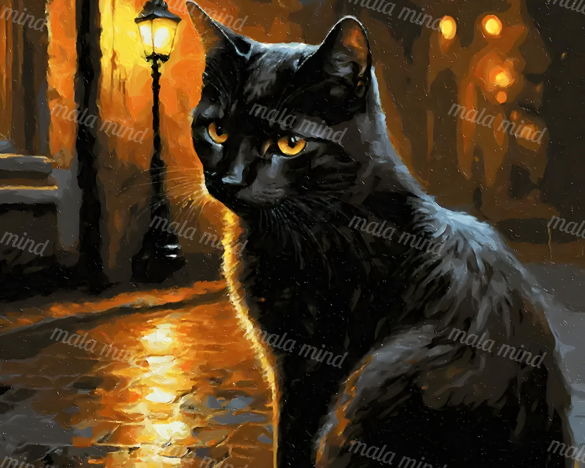 Black cat with amber eyes on a rainy street beneath warm glowing lamps — 02_master_artwork