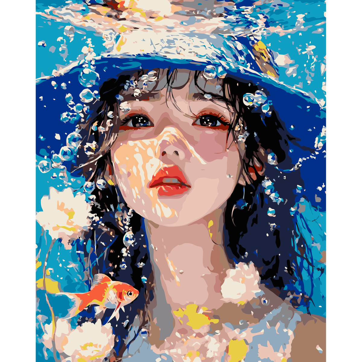 MalaMind Gallery V3 | 02 Master Artwork | PO-260910-133-LG-GB | Underwater woman portrait with bubbles, blue water, goldfish, and vivid accents, 40x50 cm