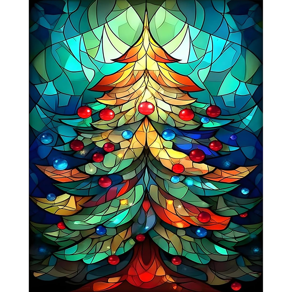 Symmetrical stained-glass Christmas tree decorated with red and blue baubles on a deep teal background.