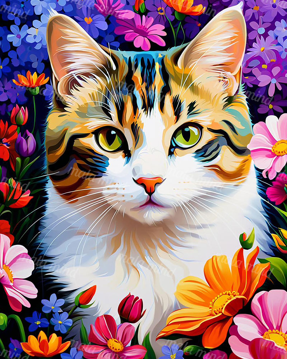 White and orange cat with green-yellow eyes surrounded by vivid pink, purple, blue, and orange flowers — 02_master_artwork