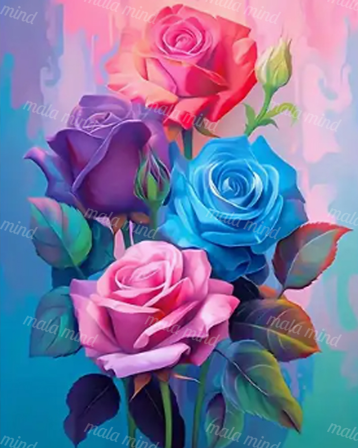 Colorful bouquet of pink, red, purple, and blue roses with green leaves on a pastel background — 02_master_artwork