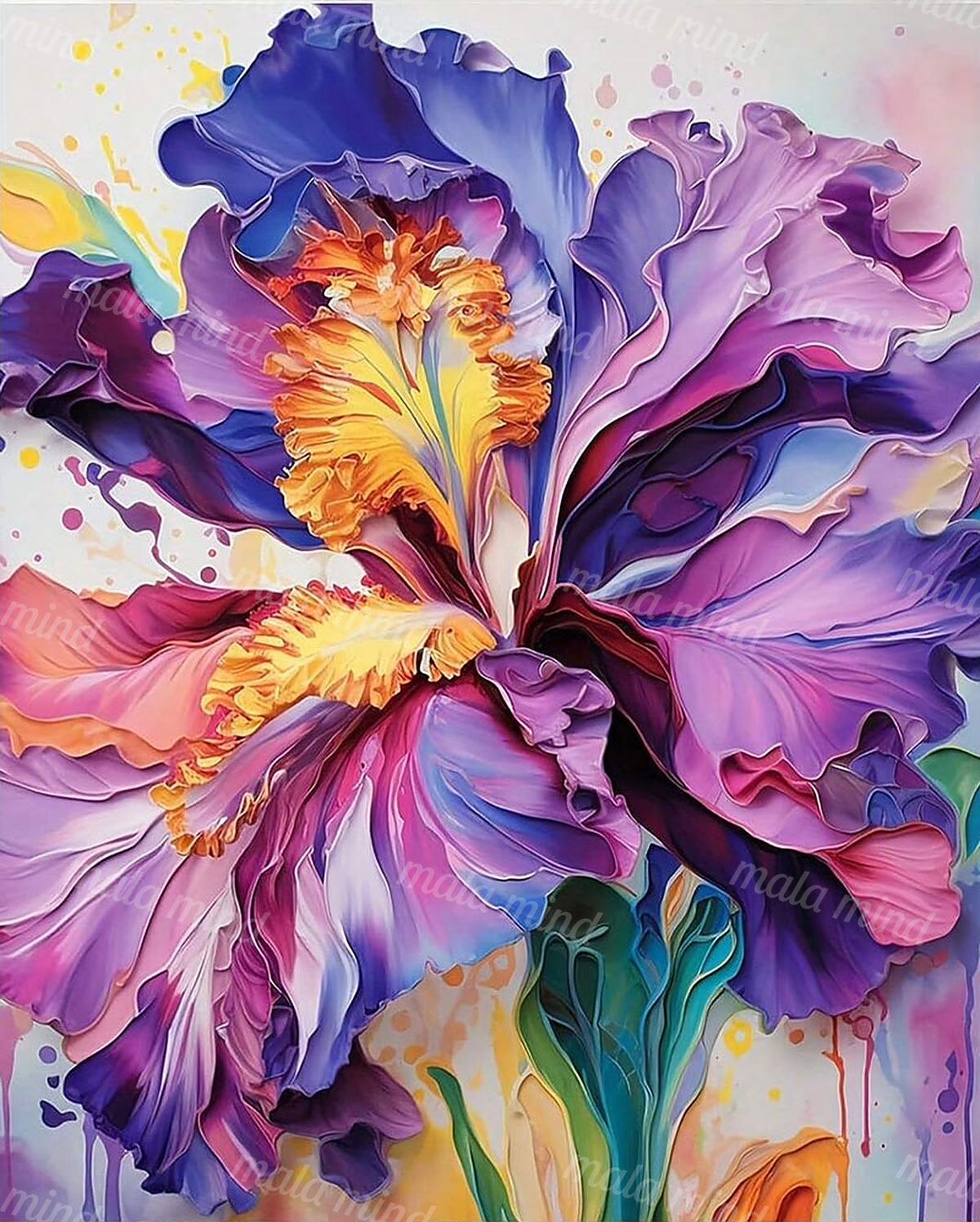 Abstract painting of large purple flowers with orange centers, green leaves, and colorful paint splatters — 02_master_artwork