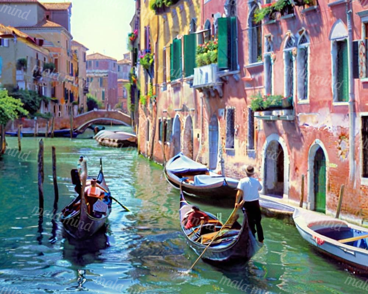 Colorful Venetian canal with gondolas, boats, historic buildings, and an arched bridge — 02_master_artwork