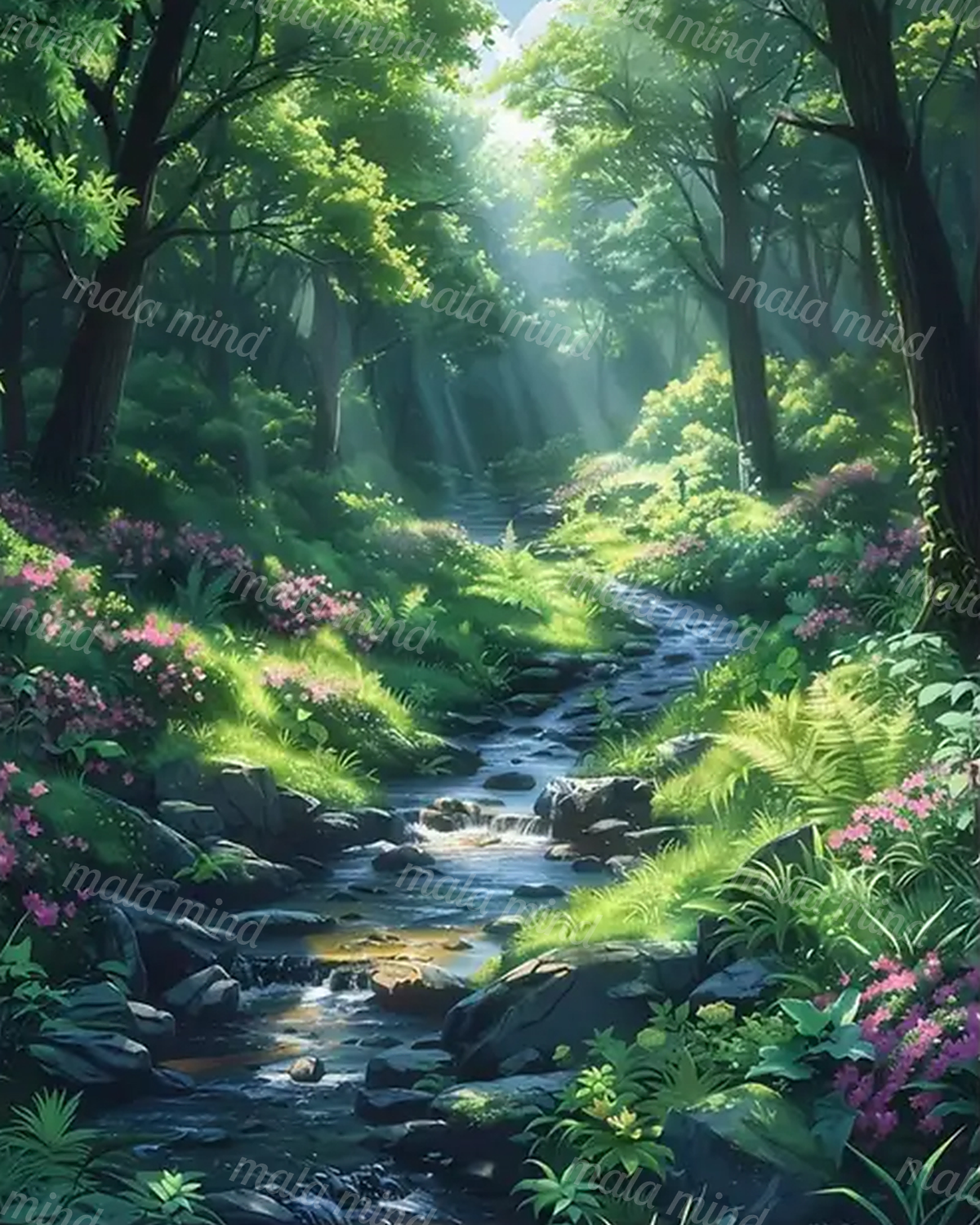 Sunlit forest stream flowing over rocks through ferns, pink flowers, and dense green woodland — 02_master_artwork