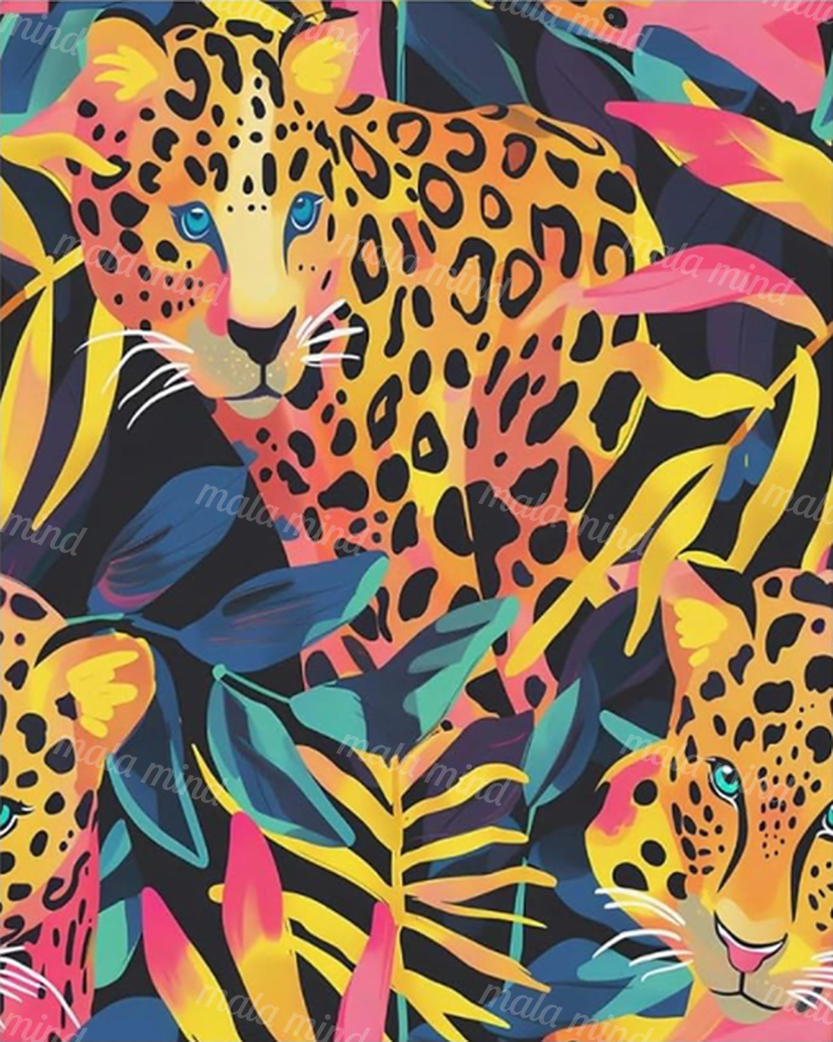 Three colorful leopards surrounded by tropical leaves and flowers in a bold graphic illustration — 02_master_artwork