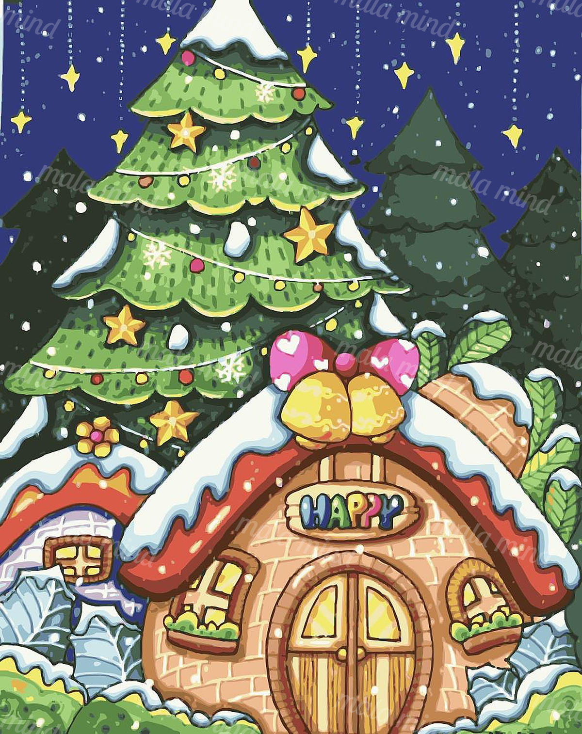 Snow-covered gingerbread house beneath a decorated Christmas tree in a snowy night scene — 02_master_artwork