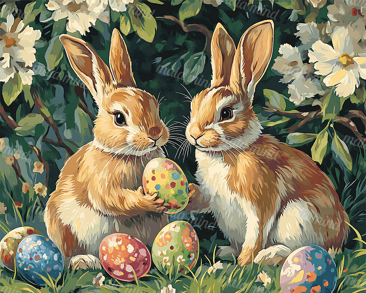Two brown-and-white rabbits with colorful Easter eggs in a flower-filled garden — 02_master_artwork