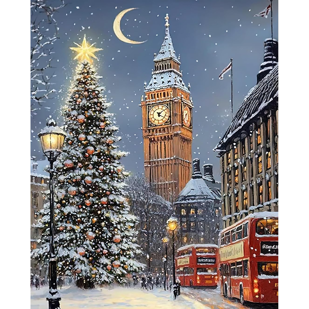 MalaMind Gallery V3 | 02 Master Artwork | CH-260921-085 | Snowy London street with Big Ben, a decorated Christmas tree, red buses, falling snow, and a crescent moon