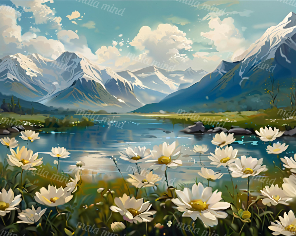 Painterly mountain lake landscape with snow-capped peaks and white water lilies in the foreground — 02_master_artwork