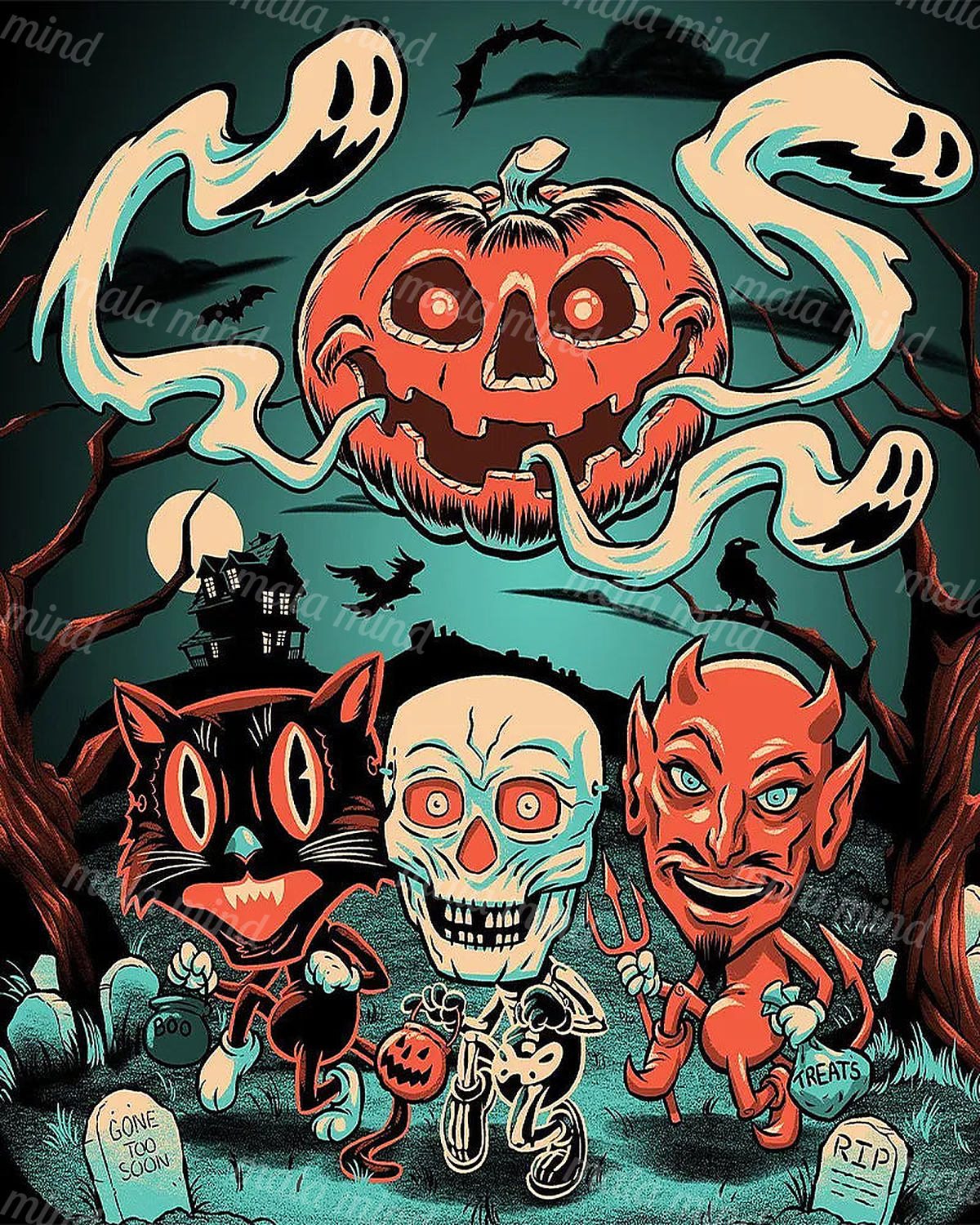 Cartoon Halloween scene with a glowing pumpkin, ghosts, black cat, skeleton, devil, bats, and haunted house — 02_master_artwork