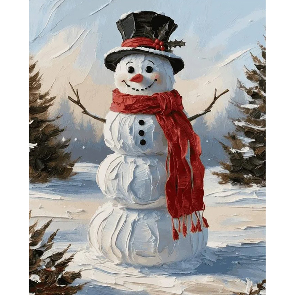 Cheerful snowman in a black top hat and red scarf stands among snowy evergreen trees.