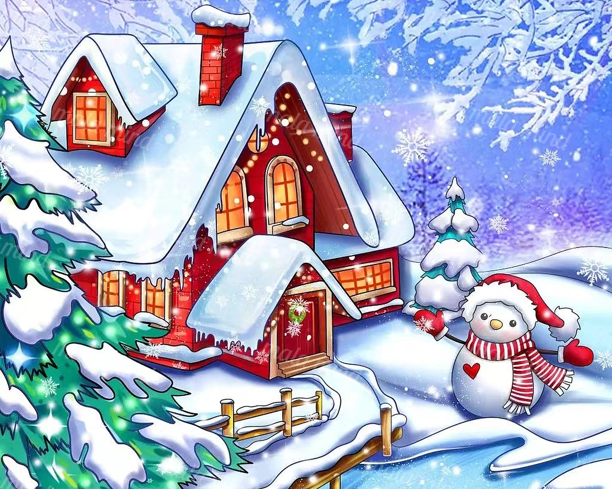Christmas scene with a snow-covered red cabin, evergreen trees, sled, fence, and scarf-wearing snowman — 02_master_artwork